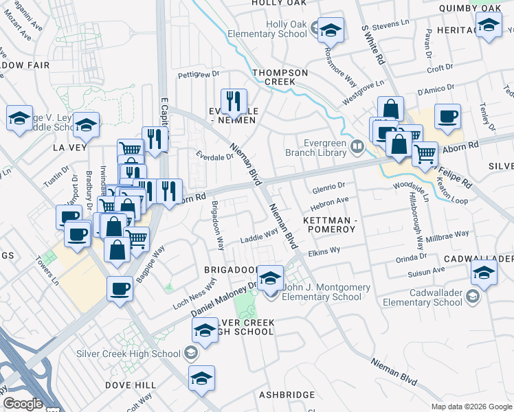 map of restaurants, bars, coffee shops, grocery stores, and more near 2050 Danderhall Way in San Jose