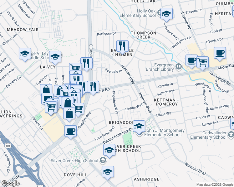 map of restaurants, bars, coffee shops, grocery stores, and more near 2107 Turnhouse Lane in San Jose