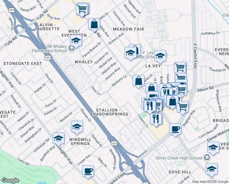 map of restaurants, bars, coffee shops, grocery stores, and more near 2874 Stallion Way in San Jose