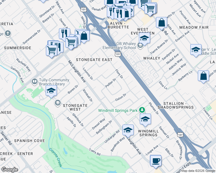 map of restaurants, bars, coffee shops, grocery stores, and more near 2660 Loomis Drive in San Jose
