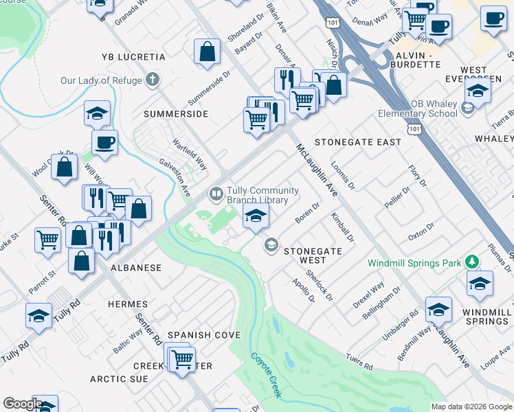 map of restaurants, bars, coffee shops, grocery stores, and more near 2503 Sherlock Drive in San Jose