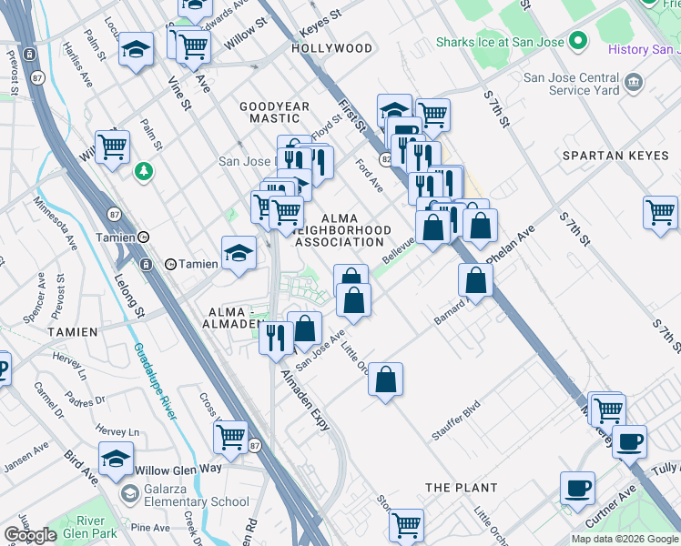 map of restaurants, bars, coffee shops, grocery stores, and more near 1570 Little Orchard Street in San Jose