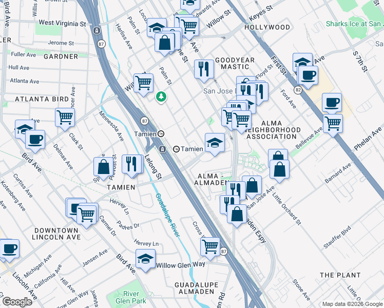map of restaurants, bars, coffee shops, grocery stores, and more near 1375 Lick Avenue in San Jose