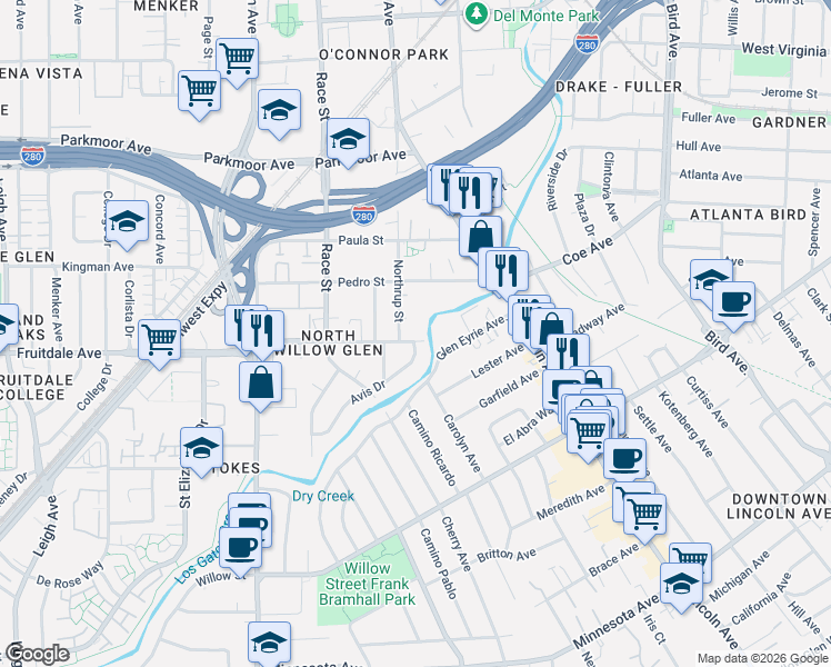 map of restaurants, bars, coffee shops, grocery stores, and more near 1196 Fruitdale Avenue in San Jose