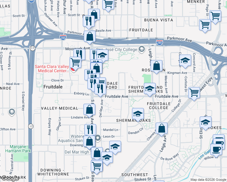 map of restaurants, bars, coffee shops, grocery stores, and more near 2051 Fruitdale Avenue in San Jose