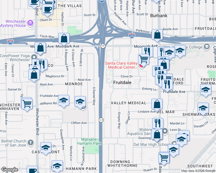 map of restaurants, bars, coffee shops, grocery stores, and more near 1151 Yarwood Court in San Jose