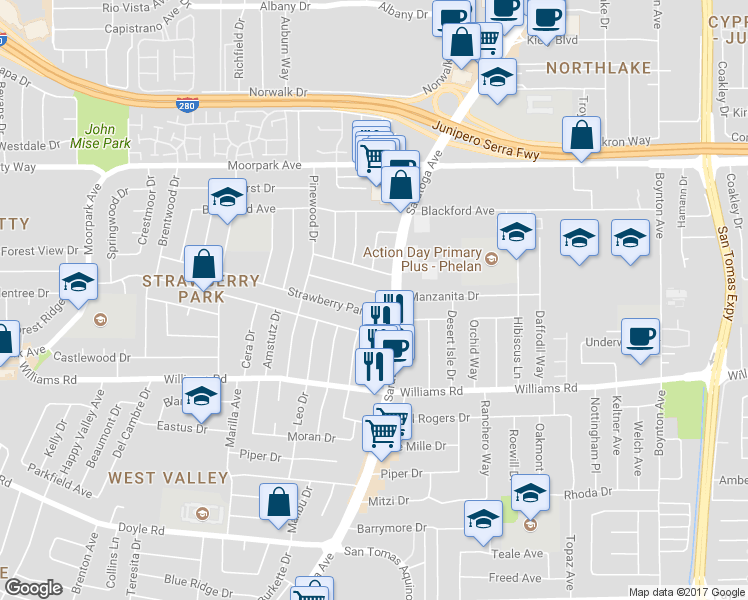 map of restaurants, bars, coffee shops, grocery stores, and more near 4253 Strawberry Park Drive in San Jose