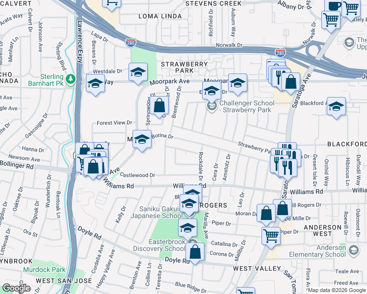 map of restaurants, bars, coffee shops, grocery stores, and more near 4701 Cherrywood Drive in San Jose