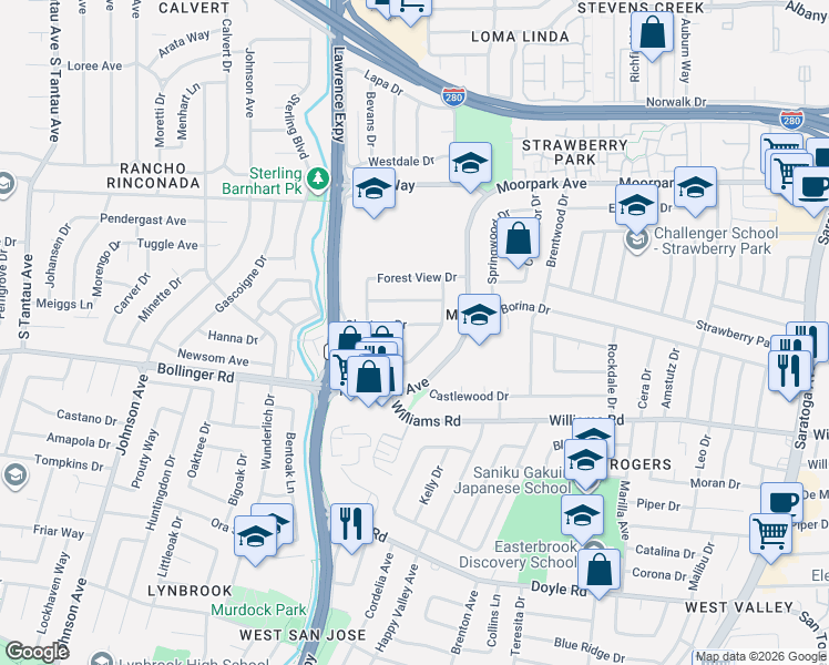 map of restaurants, bars, coffee shops, grocery stores, and more near 872 Forest Ridge Drive in San Jose