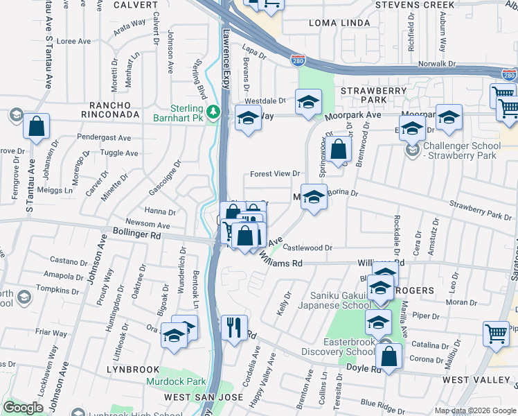 map of restaurants, bars, coffee shops, grocery stores, and more near 5126 Glentree Court in San Jose