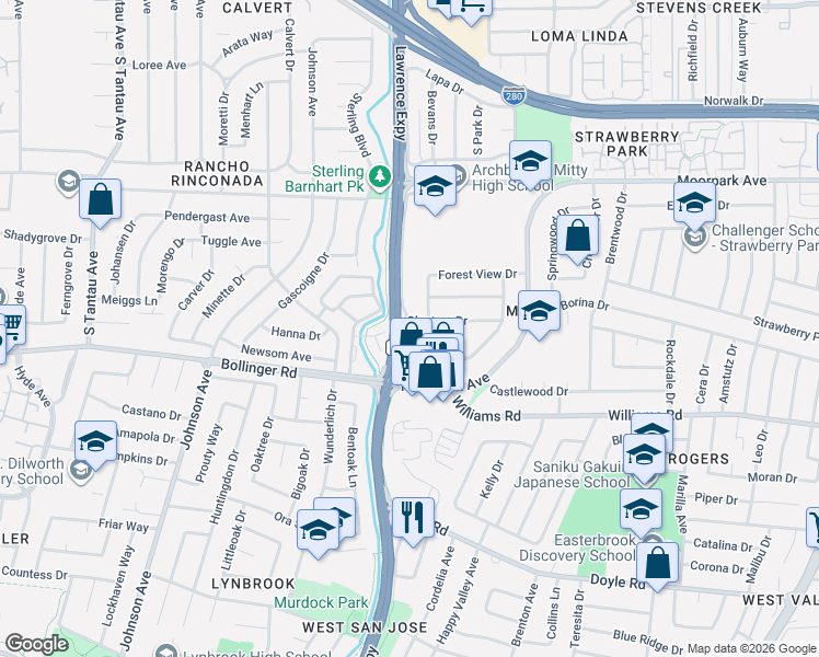 map of restaurants, bars, coffee shops, grocery stores, and more near 881 Raintree Court in San Jose