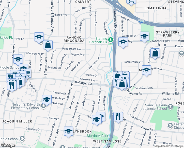 map of restaurants, bars, coffee shops, grocery stores, and more near 18722 Hanna Drive in Cupertino