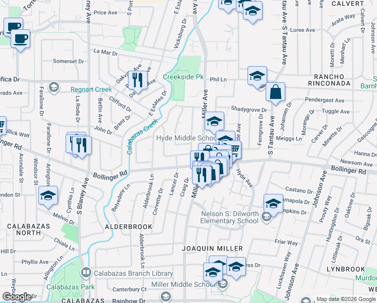 map of restaurants, bars, coffee shops, grocery stores, and more near 6352 Myrtlewood Drive in Cupertino