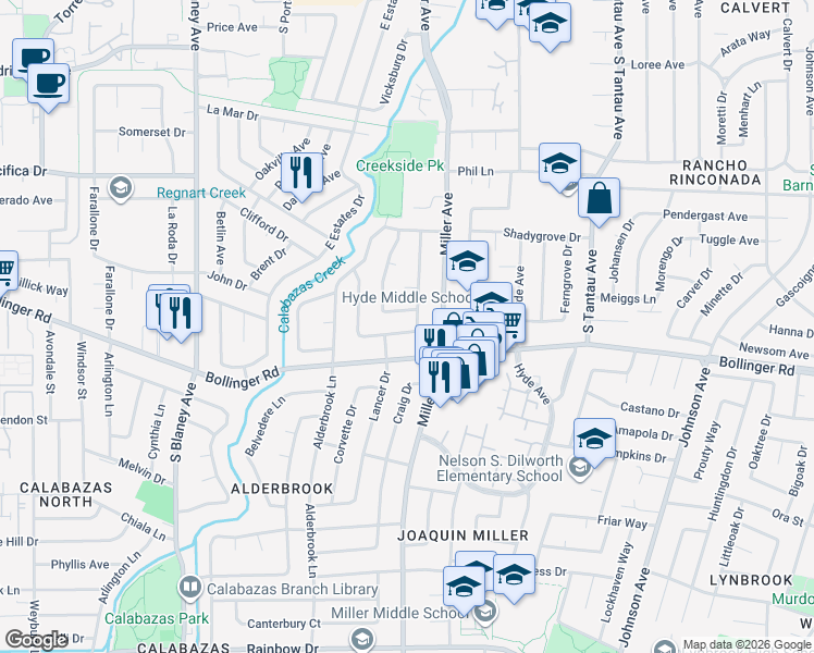 map of restaurants, bars, coffee shops, grocery stores, and more near 6352 Myrtlewood Drive in Cupertino