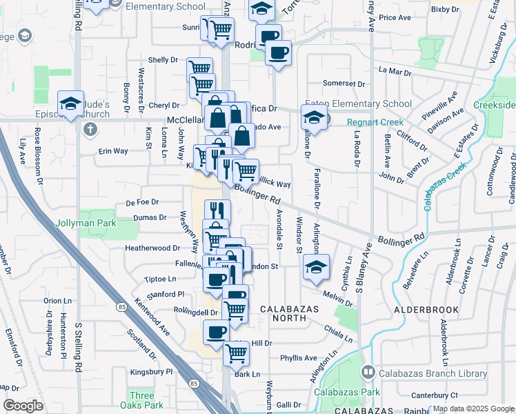 map of restaurants, bars, coffee shops, grocery stores, and more near 992 South De Anza Boulevard in San Jose