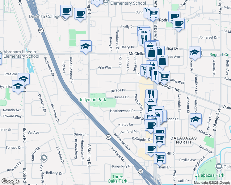 map of restaurants, bars, coffee shops, grocery stores, and more near 7603 Dumas Drive in Cupertino