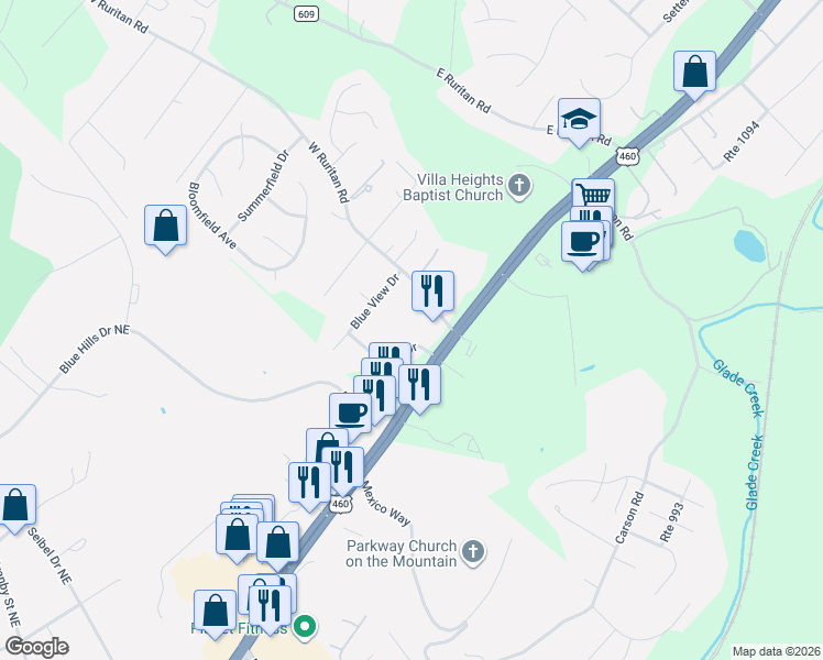 map of restaurants, bars, coffee shops, grocery stores, and more near 4035-4081 State Route 1020 in Roanoke