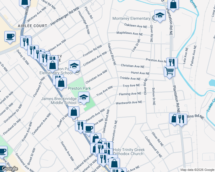 map of restaurants, bars, coffee shops, grocery stores, and more near 3315 Troy Avenue Northwest in Roanoke