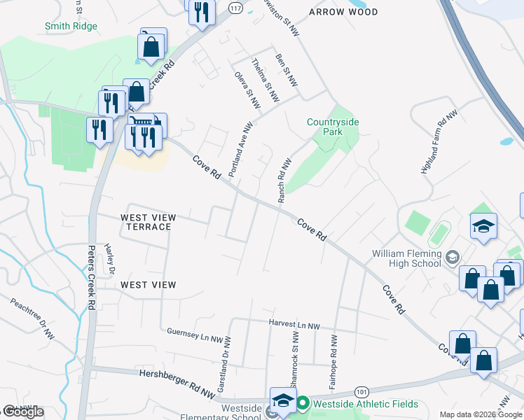 map of restaurants, bars, coffee shops, grocery stores, and more near 2205 Garstland Drive Northwest in Roanoke