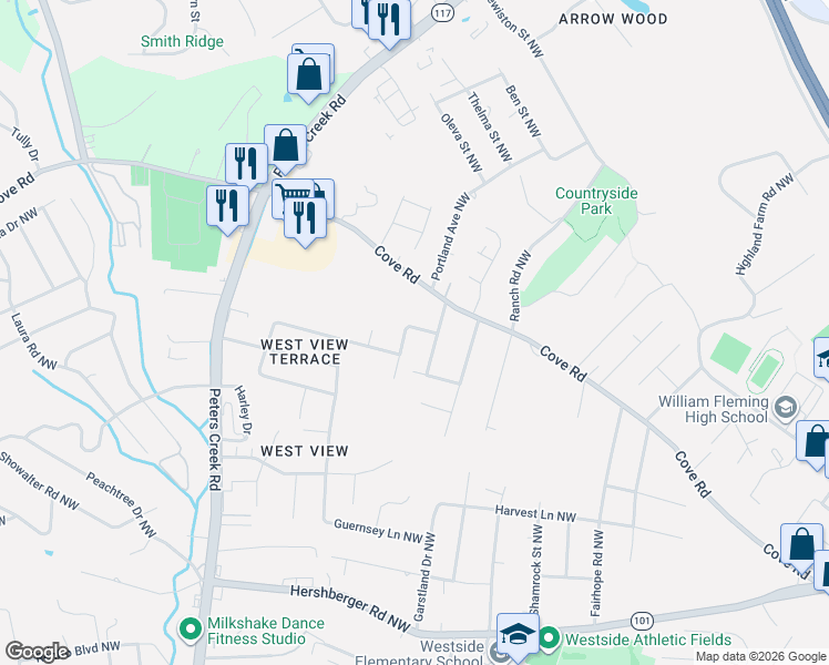 map of restaurants, bars, coffee shops, grocery stores, and more near 2116 Temple Dr NW in Roanoke