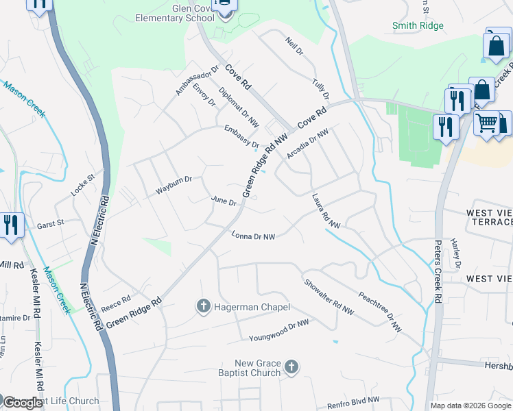 map of restaurants, bars, coffee shops, grocery stores, and more near 1717 McMillian Court Northwest in Roanoke