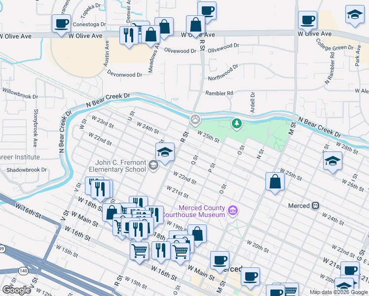 map of restaurants, bars, coffee shops, grocery stores, and more near 1054 West 24th Street in Merced