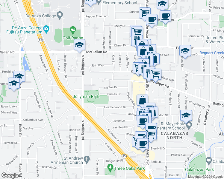 map of restaurants, bars, coffee shops, grocery stores, and more near 7554 De Foe Drive in Cupertino