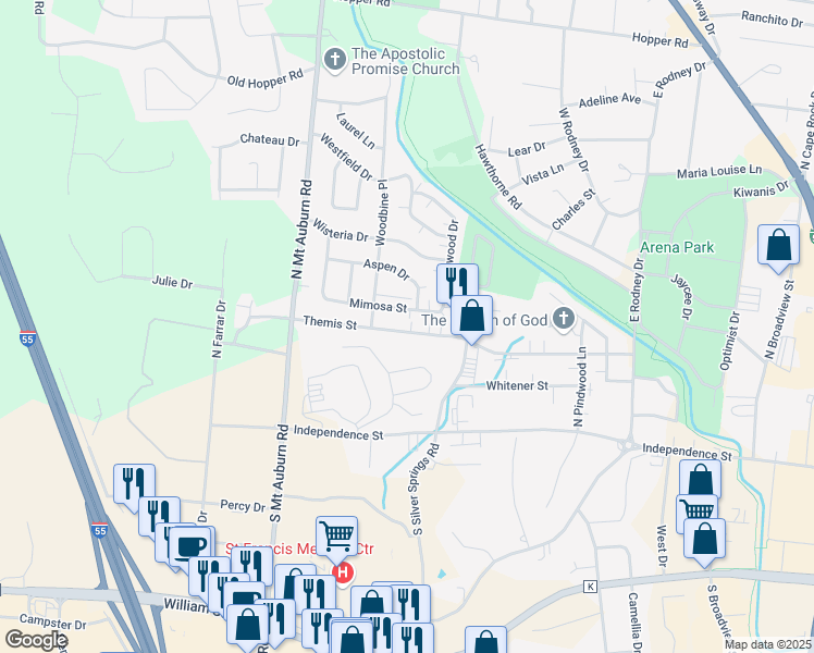 map of restaurants, bars, coffee shops, grocery stores, and more near 3016 Themis Street in Cape Girardeau