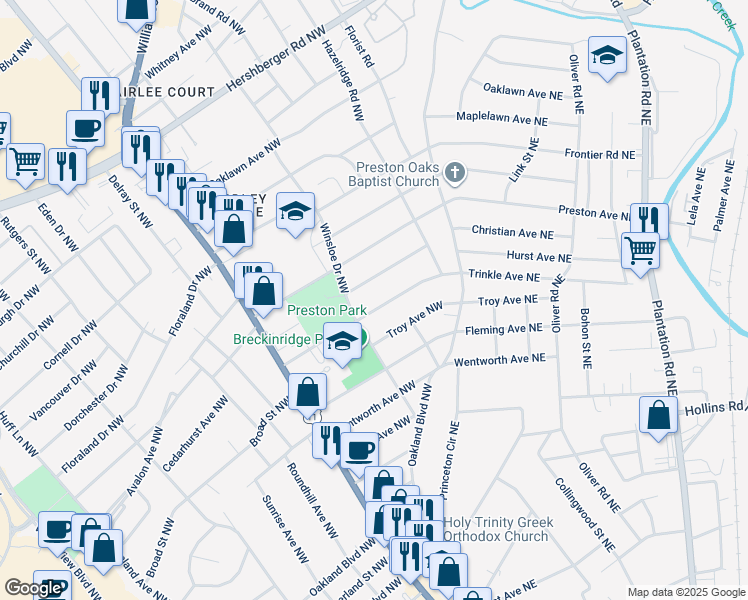 map of restaurants, bars, coffee shops, grocery stores, and more near 3224 Trinkle Avenue Northwest in Roanoke