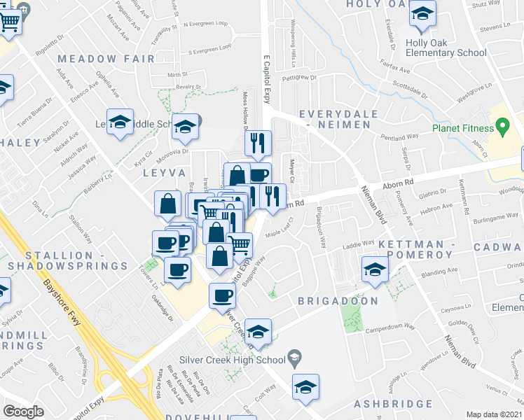 map of restaurants, bars, coffee shops, grocery stores, and more near E Capitol Expy & Aborn Rd in San Jose