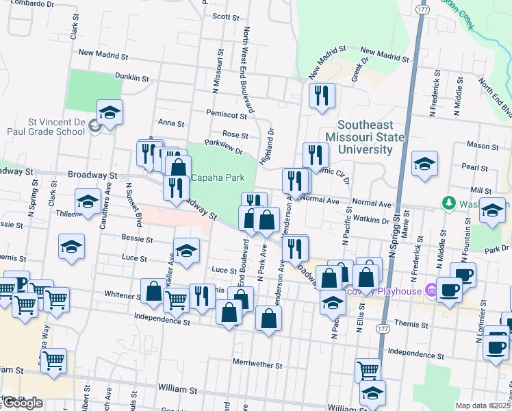 map of restaurants, bars, coffee shops, grocery stores, and more near 512 North West End Boulevard in Cape Girardeau