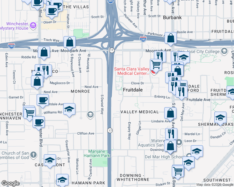 map of restaurants, bars, coffee shops, grocery stores, and more near 1135 Yarwood Court in San Jose