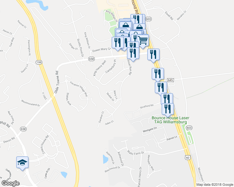 map of restaurants, bars, coffee shops, grocery stores, and more near 5414 Mary Lane in Williamsburg