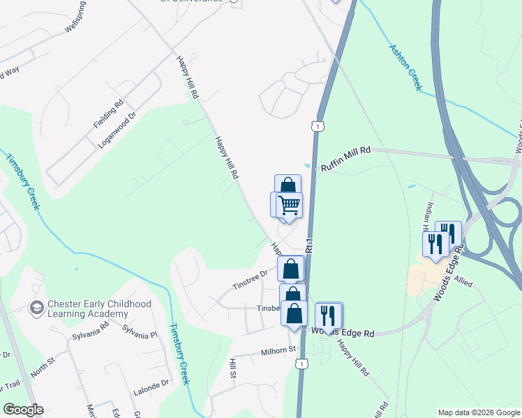 map of restaurants, bars, coffee shops, grocery stores, and more near 15315 Happy Hill Road in Colonial Heights