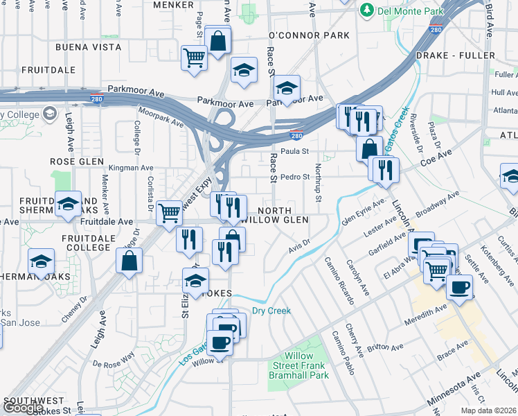 map of restaurants, bars, coffee shops, grocery stores, and more near 1323 Fruitdale Avenue in San Jose