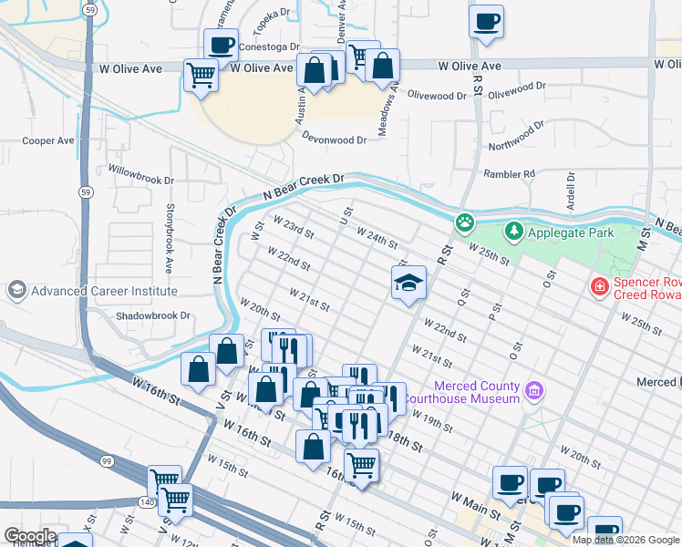 map of restaurants, bars, coffee shops, grocery stores, and more near 1340 West 22nd Street in Merced