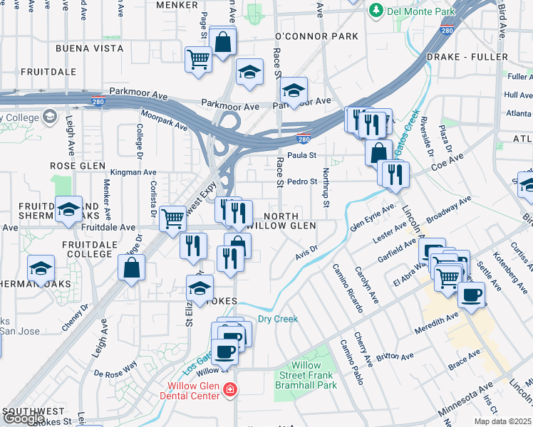 map of restaurants, bars, coffee shops, grocery stores, and more near 1321 Fruitdale Avenue in San Jose