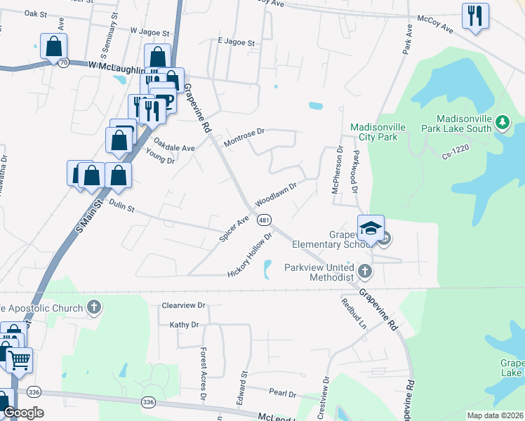 map of restaurants, bars, coffee shops, grocery stores, and more near 1101-1199 Grapevine Road in Madisonville