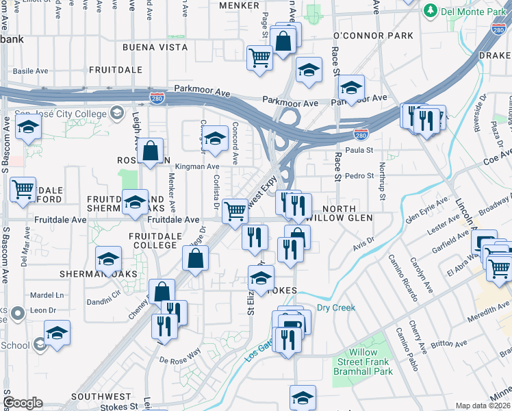 map of restaurants, bars, coffee shops, grocery stores, and more near 1445 Fruitdale Avenue in San Jose