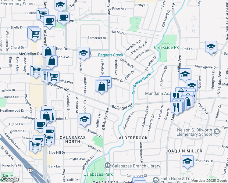map of restaurants, bars, coffee shops, grocery stores, and more near 10777 West Estates Drive in Cupertino