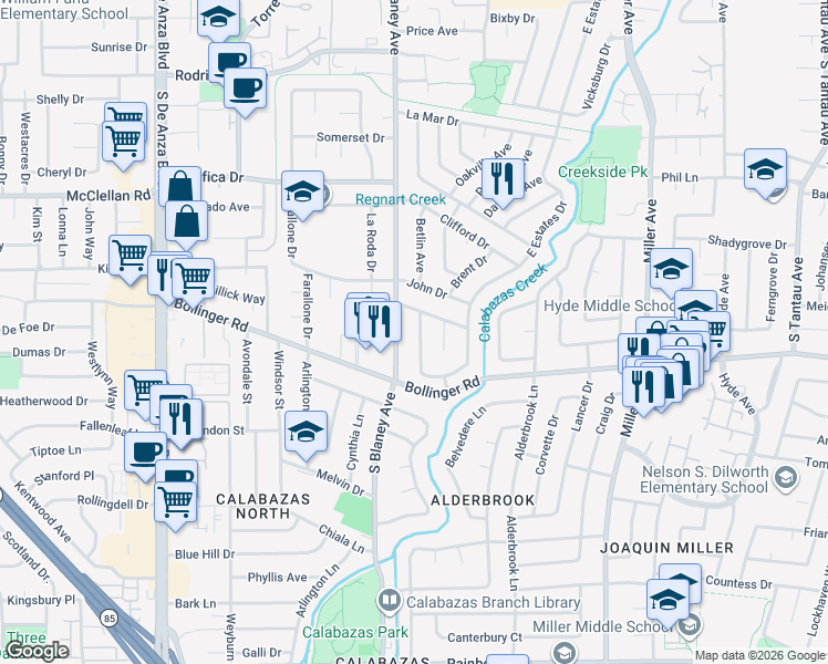 map of restaurants, bars, coffee shops, grocery stores, and more near 10777 West Estates Drive in Cupertino