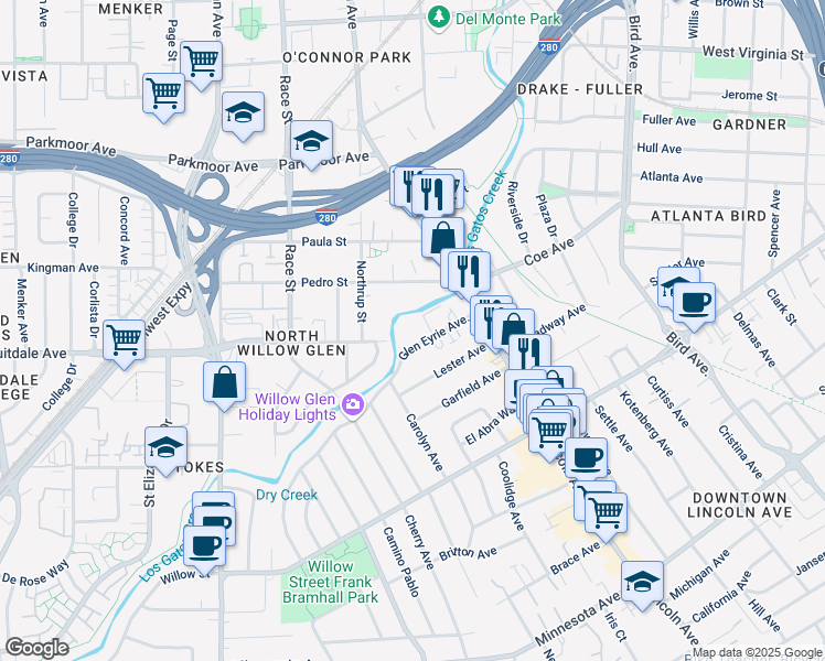 map of restaurants, bars, coffee shops, grocery stores, and more near 101 Glen Eyrie Avenue in San Jose