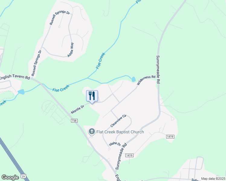 map of restaurants, bars, coffee shops, grocery stores, and more near 416 Mantle Drive in Lynchburg