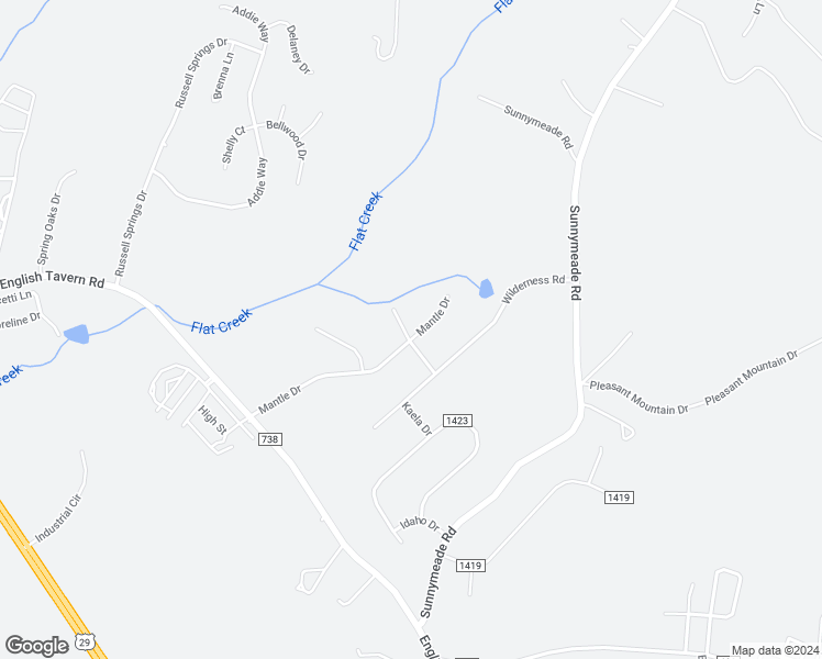 map of restaurants, bars, coffee shops, grocery stores, and more near 416 Mantle Drive in Lynchburg