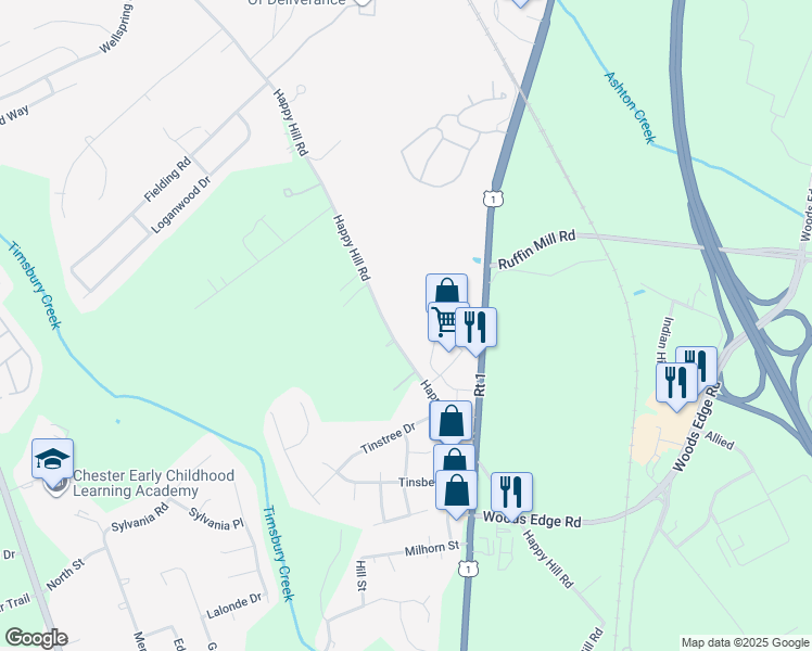 map of restaurants, bars, coffee shops, grocery stores, and more near 15315 Happy Hill Road in Colonial Heights