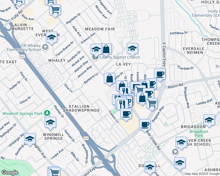 map of restaurants, bars, coffee shops, grocery stores, and more near 2927 South King Road in San Jose