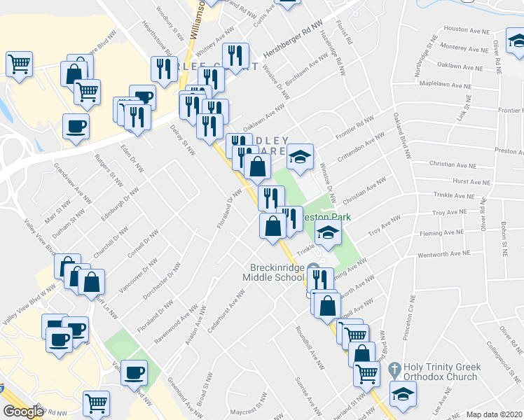 map of restaurants, bars, coffee shops, grocery stores, and more near Williamson Road in Roanoke