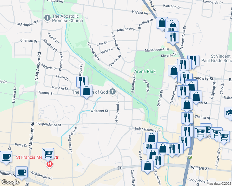 map of restaurants, bars, coffee shops, grocery stores, and more near 209 North Pindwood Lane in Cape Girardeau