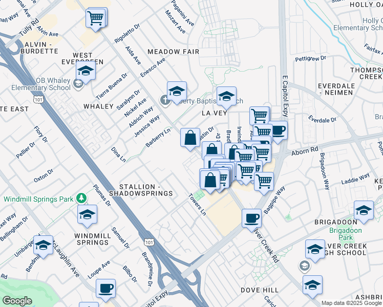 map of restaurants, bars, coffee shops, grocery stores, and more near 2927 South King Road in San Jose