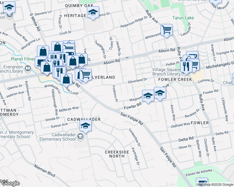 map of restaurants, bars, coffee shops, grocery stores, and more near 3228 Foxboro Place in San Jose
